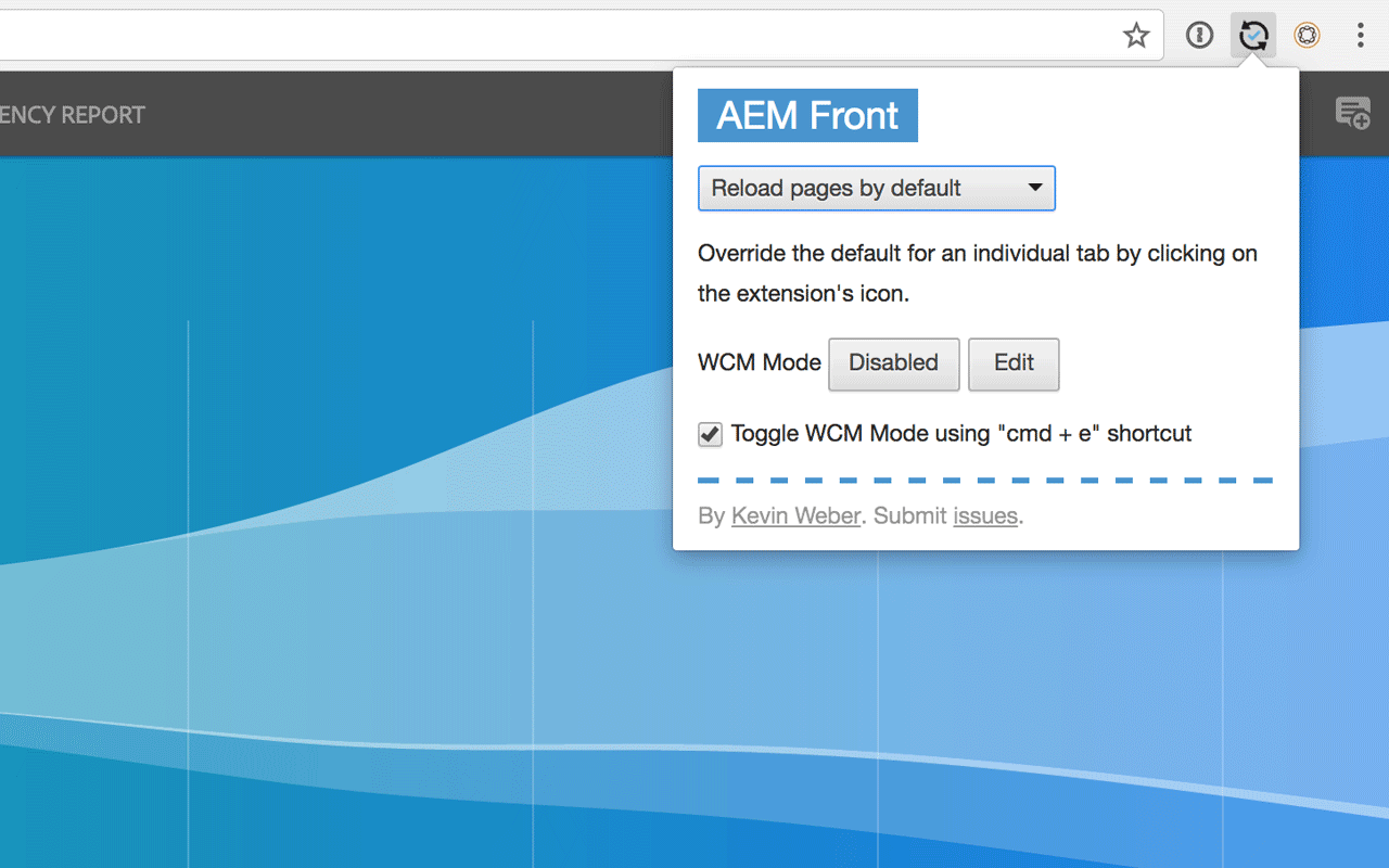 Screenshot of AEM Front Extension in Google Chrome